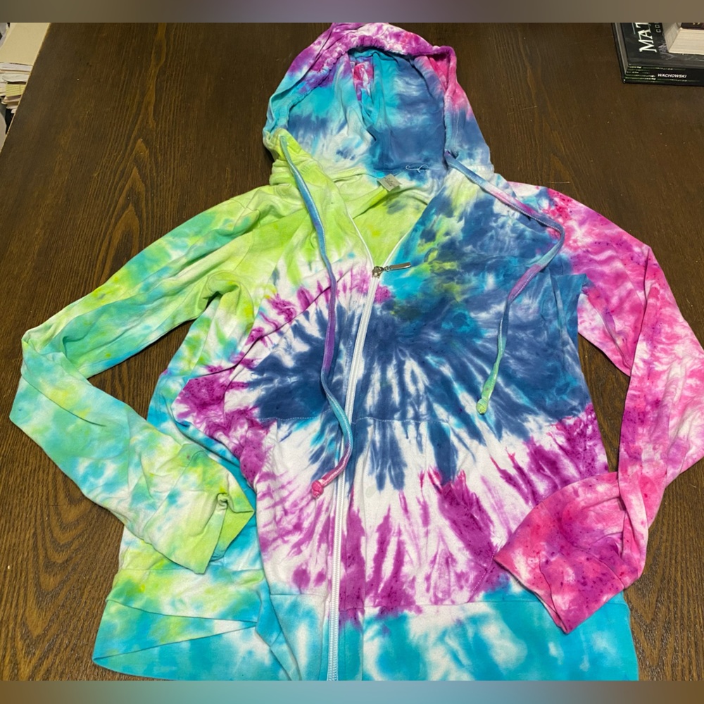 2 for $12 💖 Sofra Thin White Full Zip Tie Dye Handmade Hoodie Size Small